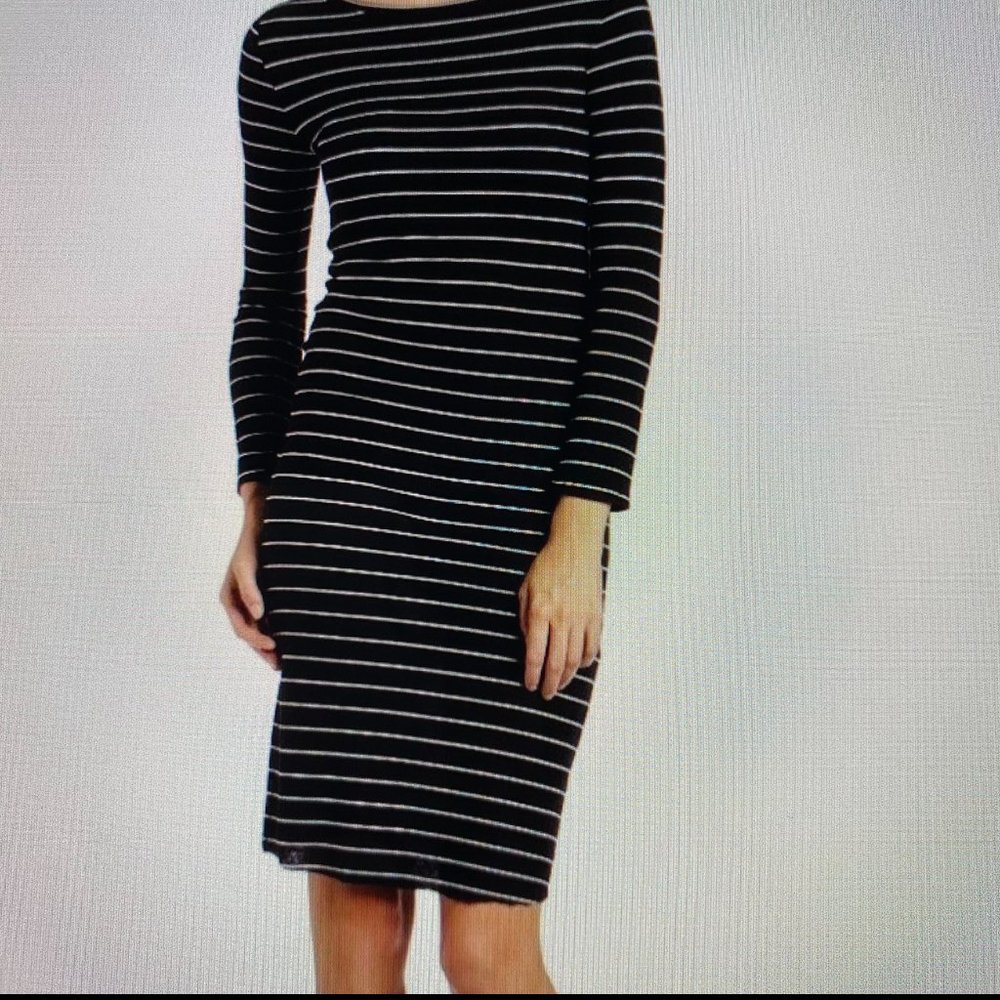 BCBGMAXAZR.(sz S) BodyCon Black Knit Dress White Stripe Lyocell Kenzi